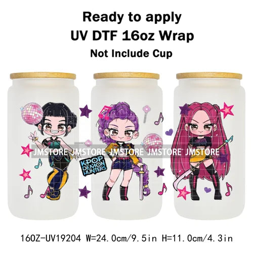 Demon Hunters Inspired Kpop Girls Bands UV DTF Transfer Sticker Durable Cup Tumbler Wrap For 16OZ Libbey Glass Wraps Bottle Mug