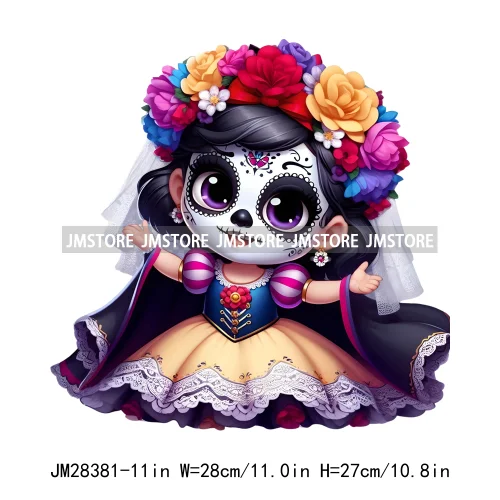 Cute Mexican Day Of The Dead Skeleton Catrina Princess Dolls Iron On DTF Heat Press Transfers Stickers Printing For Clothes