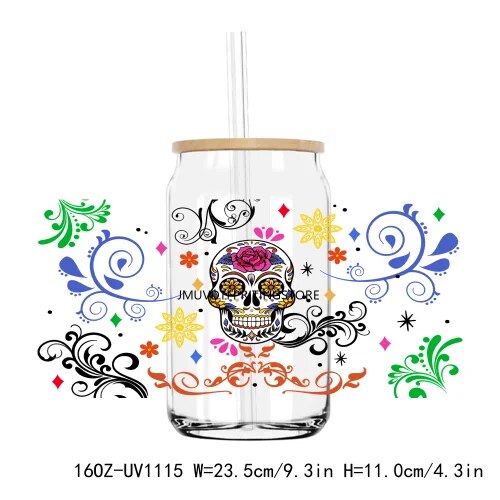 Halloween Sugar Skull Woman 16OZ UV DTF Cup Wrap Transfers Stickers Custom Labels DIY Durable Waterproof Logo For Libbey Glass