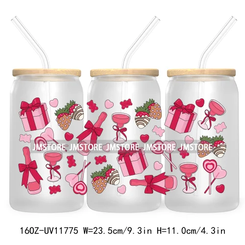 Trendy Girly Coquette Cherry Bow Valentines Gift Bears UV DTF Cup Wrap Transfer Stickers For 16OZ Libbey Glass Can Custom Logo