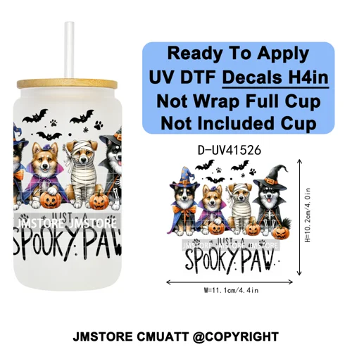 Spooky Highland Cow Halloween Ghosts Pumpkin UV DTF Decals Ready To Apply Waterproof Transfer Stickers For 16OZ Libbey Glass Can