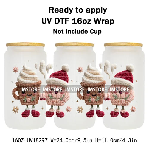 Faux Yarn Christmas Reindeer UV DTF Cup Wrap Ready To Apply Transfer Stickers Durable 16OZ Tumbler Wraps For Libbey Glass Can