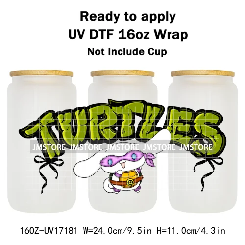 Coquette Bow Cartoon Turtles Characters 16OZ UV DTF Cup Wraps Ready To Apply Waterproof Transfer Stickers For Libbey Glass Can