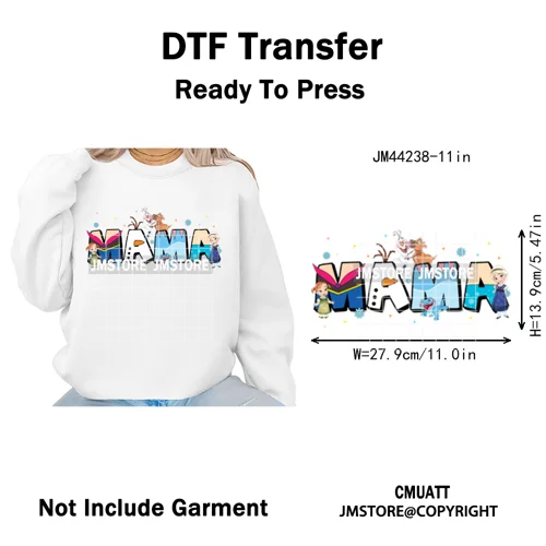 Cartoon Mama Princess Happy Mother's Day Family Vacation Iron on Washable DTF Heat Transfers Stickers Ready to Press for Hoodies