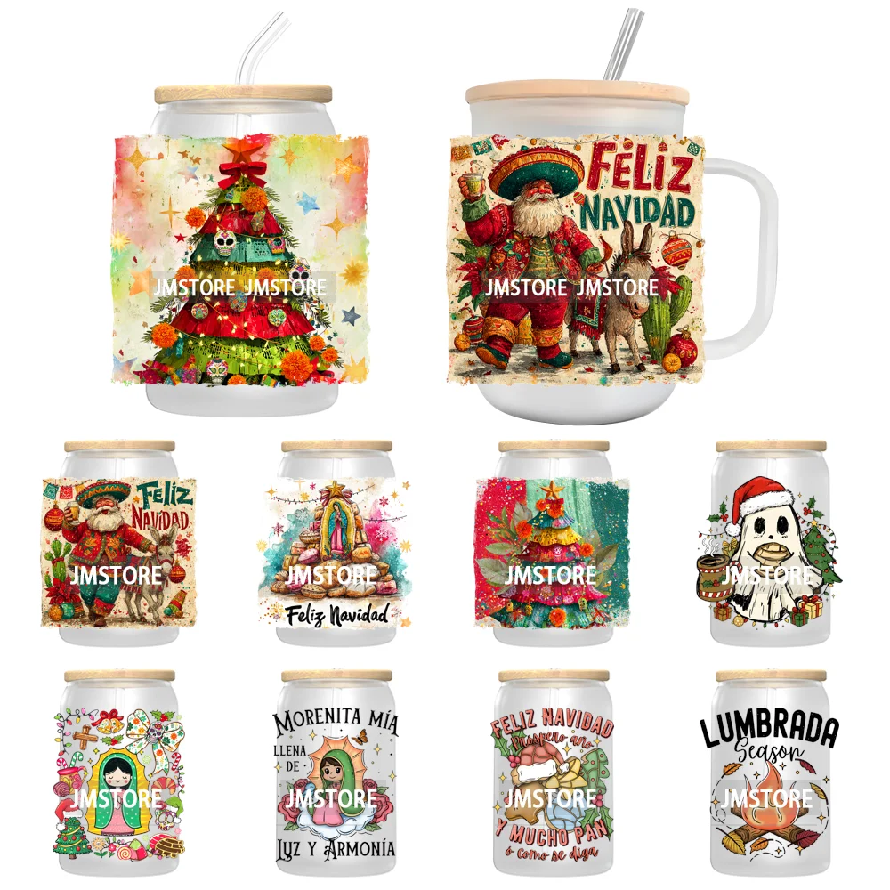 Feliz Navidad Mexican Christmas UV DTF Decals Ready To Apply Waterproof Transfer Stickers DIY Crafts For 16OZ Libbey Glass Can
