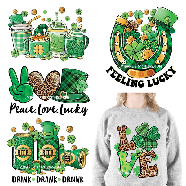 DIY Peace Love Luck Happy St Patrick's Day Design Printing Feeling Lucky Green Shamrocks DTF Transfer Stickers For Clothing