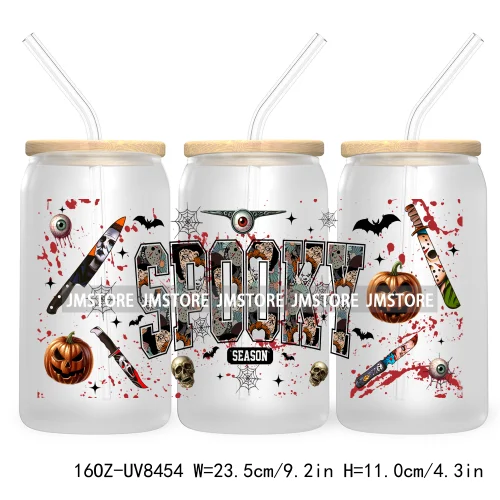 Halloween Characters 16OZ UV DTF Cup Wrap Transfer Sticker Custom Label Waterproof Logo For Libbey Glass Can Spooky Horror Movie