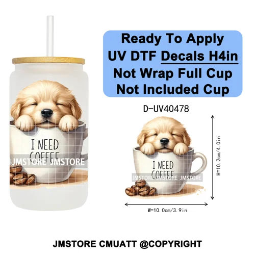 Puppy Coffee Dog Cartoon Pet Lover UV DTF Decals Ready To Apply Waterproof Transfer Stickers For 16OZ Libbey Glass Can Tumbler