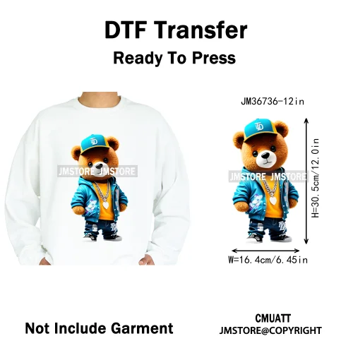 12in Cool Retro Urban Streetwear Graffiti Hip Hop Teddy Bear Iron On DTF Washable Transfers Stickers Ready to Press For Clothing