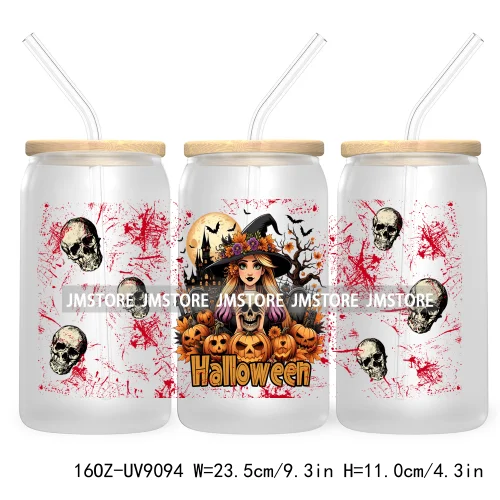 Spooky Halloween Princess 16OZ UV Cup Wrap DTF Transfer Sticker For Libbey Glass Can Cup Tumbler Waterproof Label Trick or Treat