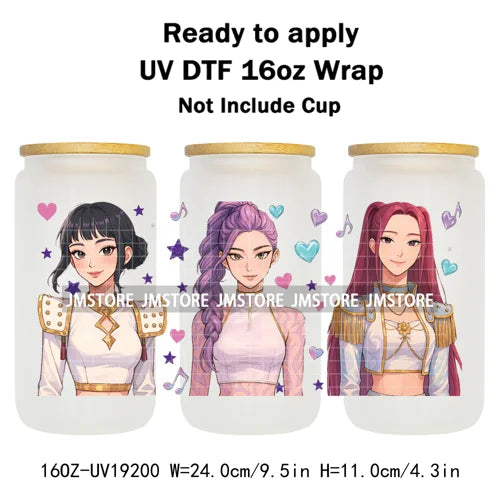 Demon Hunters Inspired Kpop Girls Bands UV DTF Transfer Sticker Durable Cup Tumbler Wrap For 16OZ Libbey Glass Wraps Bottle Mug