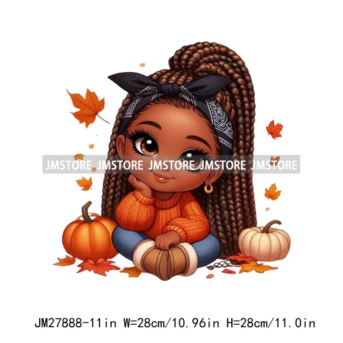 New Autumn Chibi Black Baby Girls Cartoon Afro Princess Pumpkin Fall Season DTF Iron On Heat Press Transfer Stickers For Hoodies