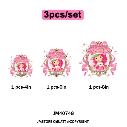 Sweet Strawberry Friends 80s Girl Cartoon Pink Coquette Bows Iron on DTF Washable Transfers Stickers Ready to Press for Clothing