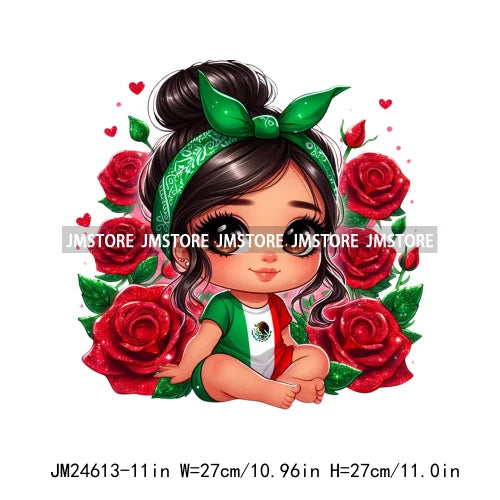 Cute Chibi Mexican Girl Designs Hispanic Red Rose Green Coquette Bow Latina Princess Iron On DTF Transfers Stickers For T-shirts