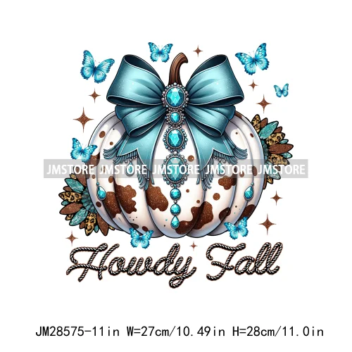 Howdy Pumpkin Ghost Western Fall Vibes Turquoise Coquette Bow Autumn Iron On DTF Transfer Sticker Ready To Press For T-shirts