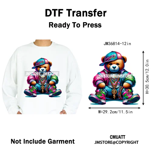 12in Cartoon Gangster Hip Hop Streetwear Teddy Bear Lover Designs Iron on DTF Heat Transfers Stickers Ready to Press for Hoodies