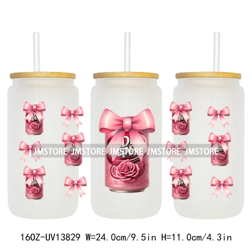 Soft Drink Pink Bow Coquette Strawberry UV DTF Wraps Transfer Sticker Selfadhesive Waterproof  For 16OZ Libbey Glass Can Tumbler