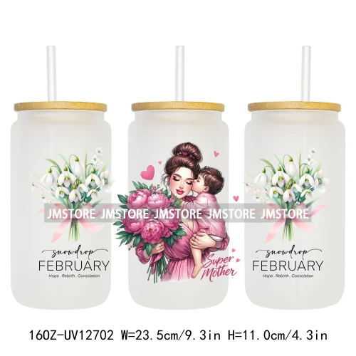 Floral Mama Coquette Mother's Day Birth Month Flower 16OZ UV DTF Cup Wrap Transfer Stickers Waterproof Logo For Libbey Glass Can