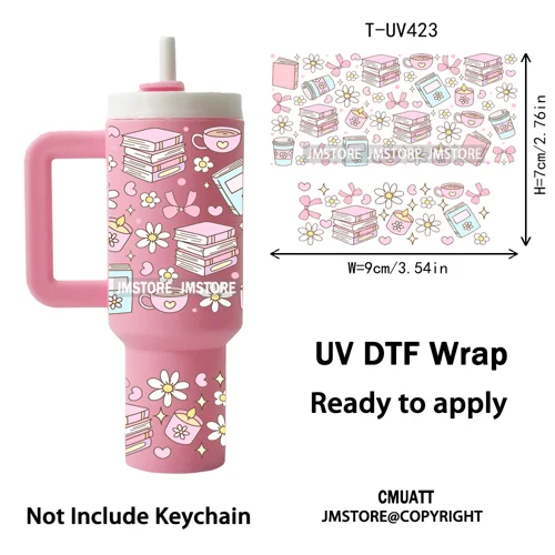 Coquette Bow Floral Seamless Book Lover Ribbon UV DTF Wraps Ready To Use Transfer Stickers Waterproof For Mini Tumbler Keychain