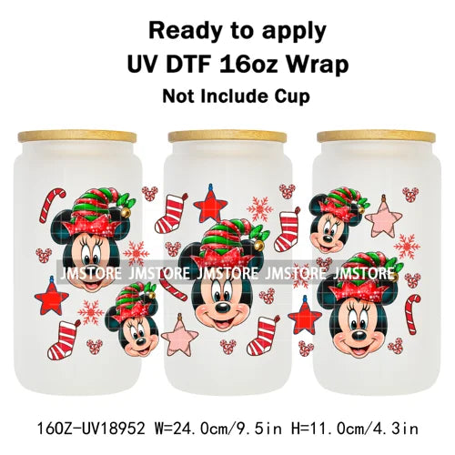 Festive Mouse Christmas Candy Cane 16OZ UV DTF Cup Wraps Ready To Apply Waterproof Transfer Stickers For Libbey Glass Can Bottle