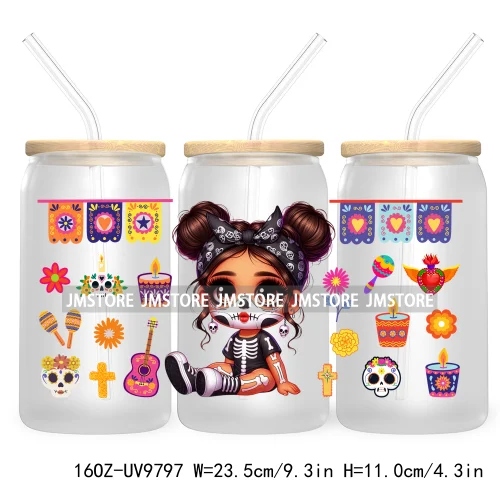 Day Of The Dead 16OZ UV DTF Cup Wrap Transfer Stickers Hispanic Chibi Baby Girl Custom Labels Waterproof For Libbey Glass Can