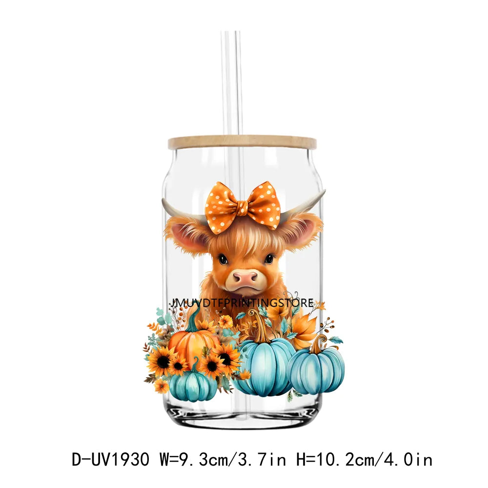 Howdy Fall Highland Cow Pumpkin UV DTF Transfers Stickers Decals For Libbey Cold Cups Mugs Tumbler Waterproof DIY Craft