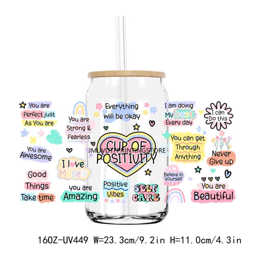 Self Love Inspirational Quotes 16OZ UV DTF Cup Wrap Transfers Stickers Custom Labels DIY Waterproof Logo For Libbey Glass Can