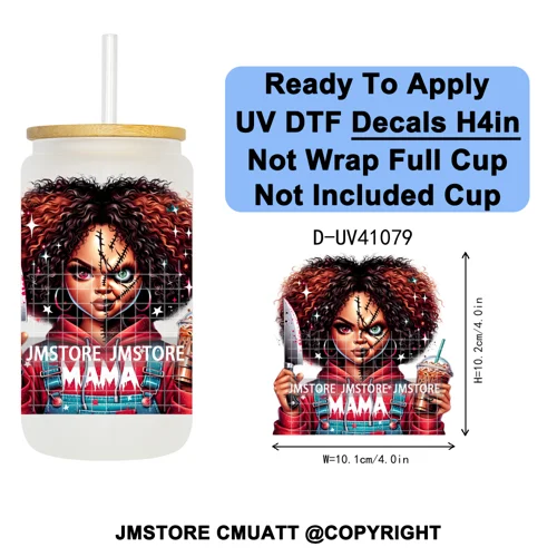 Scary Movie Character Afro Girls Halloween UV DTF Transfer Stickers Decals Ready To Apply Waterproof For 16OZ Libbey Glass Can