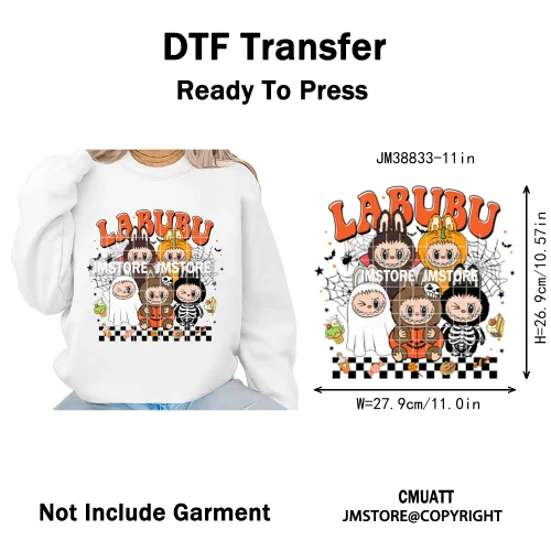 Cute Checkered Spooky Doll Monster Characters Halloween Iron on DTF Washable Heat Transfers Stickers Ready to Press for Textile