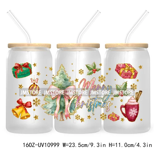 Coquette Glitter Holly Jolly Christmas Tree UV DTF Cup Wrap For Libbey Glass Can Transfer Stickers Waterproof Custom Labels Gift