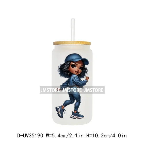 Fashion Black Chibi Denim Girl UV DTF Transfer Stickers Decals Ready To Apply Waterproof For 16OZ Libbey Glass Can Cup Tumbler