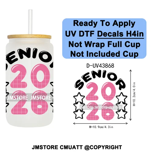 College Grad Class Of 2026 UV DTF Cup Decals Ready To Apply Transfer Stickers Durable Custom Labels For Libbey Glass Can Mugs