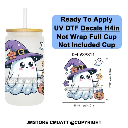 Cute Halloween Witch Ghost Sweet Boo UV DTF Decals Ready To Apply Waterproof Transfer Stickers Prints For 16OZ Libbey Glass Can