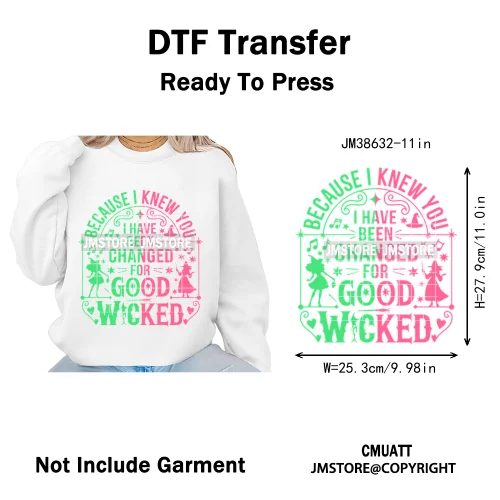 Witch Changed For Good Faux Glitter Pink and Green Movie Iron on DTF Washable Transfers Stickers Ready to Press for Clothes Bags