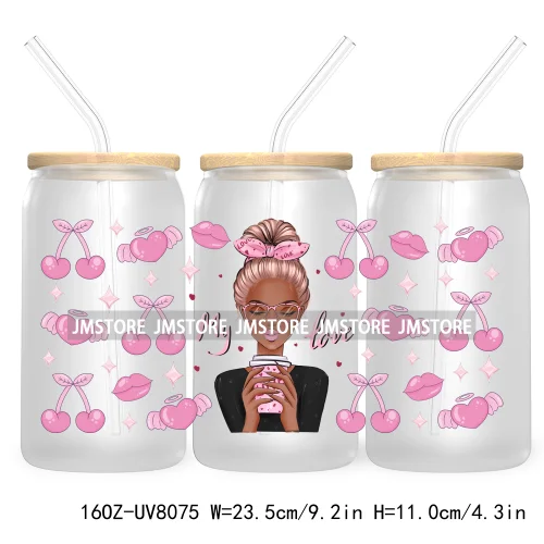 Woman With Bubble Gum Pink UV DTF Sticker For 16OZ Libbey Glass Cup Can Wrap Transfer Stickers Custom Labels DIY Logo Messy Bun