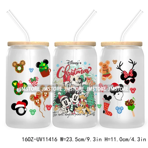 Merry Christmas Cartoon Couple 16OZ UV DTF Cup Wrap Ready To Apply For Libbey Glass Can Cup Tumbler Gingerbread Candy Cane Mouse