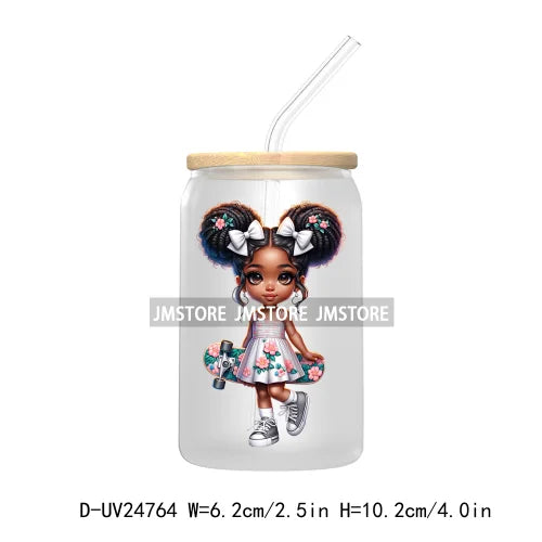 Black Chibi Girl UV DTF Transfers Stickers Decals For Libbey Cold Cups Mugs Tumbler Waterproof DIY Craft Beautiful Afro Woman