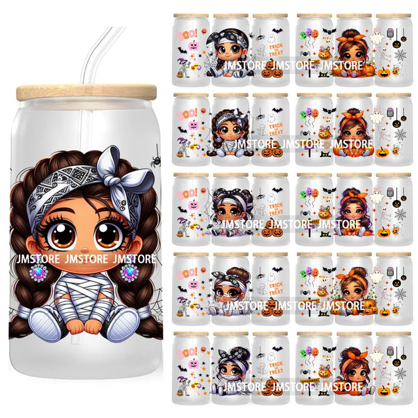 Halloween Chibi Latina Girl 16OZ UV Cup Wrap DTF Transfer Stickers For Libbey Glass Can Cup Tumbler Waterproof Label Boo Pumpkin