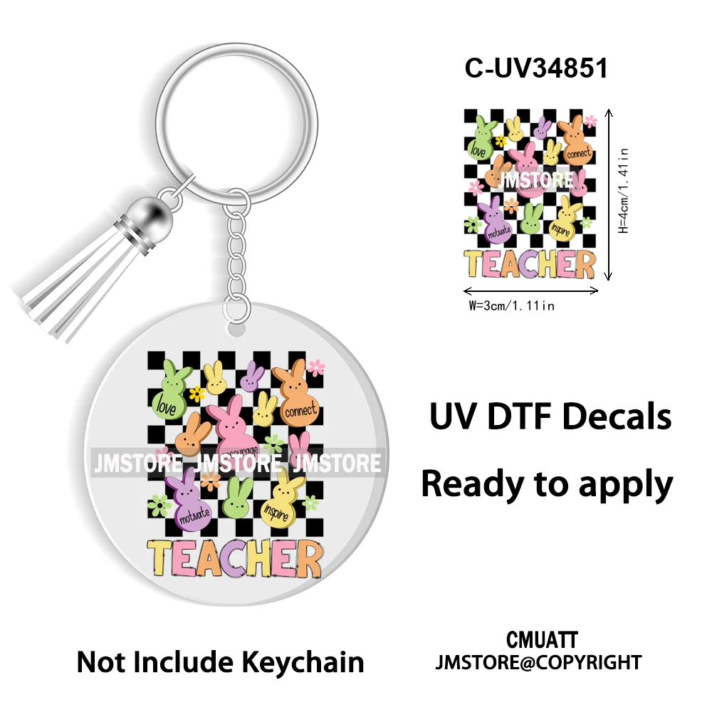 Happy Easter School Teacher Life Retro Coquette Easter Bunny WaterProof UV DTF Sticker For Round Circle Acrylic Keychain Keyring