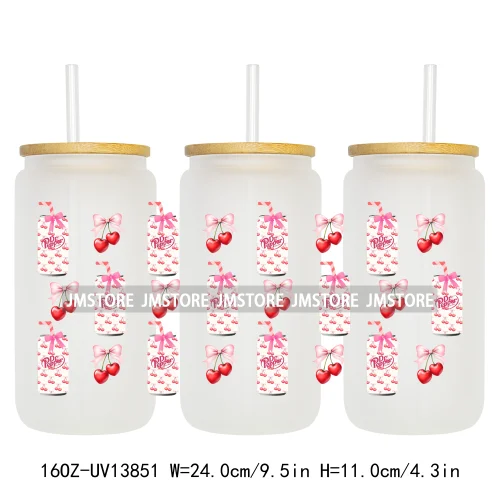 Soft Drink Pink Bow Coquette Strawberry UV DTF Wraps Transfer Sticker Selfadhesive Waterproof  For 16OZ Libbey Glass Can Tumbler