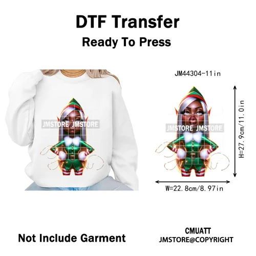 Sassy Black Girl Santa Christmas Bright Gingerbread Iron on Washable DTF Heat Transfers Stickers Ready to Press for Sweatshirts