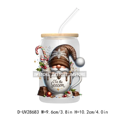 Festive Christmas Gnome Candy Cane UV DTF Transfer Stickers Decals For Libbey Cold Cups Mugs Tumbler Labels Cartoon Characters