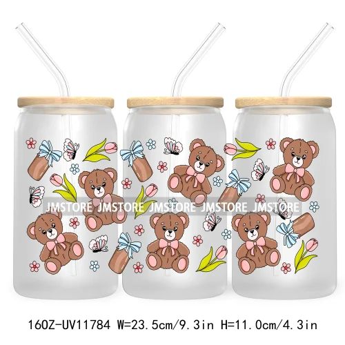 Trendy Girly Coquette Cherry Bow Valentines Gift Bears UV DTF Cup Wrap Transfer Stickers For 16OZ Libbey Glass Can Custom Logo