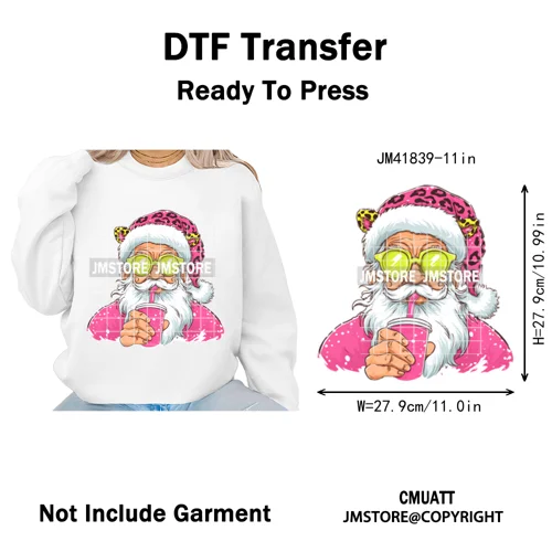 Pink Cartoon Glasses Coffee Drink Leopard Blowing Santa Claus Christmas Iron on DTF Transfer Stickers Ready to Press for T-shirt