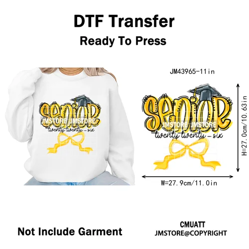 Preppy Coquette Senior 2026 Mega Graduate Cap Varsity Iron on Washable DTF Heat Transfers Stickers Ready to Press for Textiles