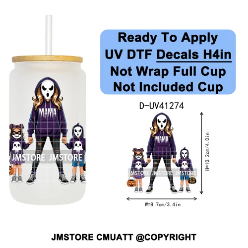 Family Halloween Horror Mama UV DTF Transfer Stickers Decals Ready To Apply Waterproof For 16OZ Libbey Glass Can Cups Tumbler
