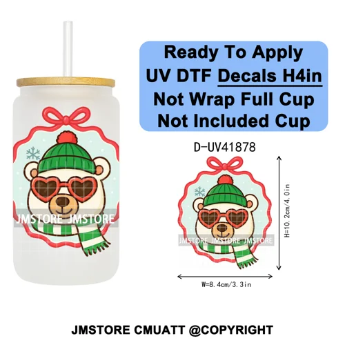 Preppy Christmas Stamps Xmas Card UV DTF Transfer Stickers Decals Ready To Apply Waterproof For 16OZ Libbey Glass Can Tumbler