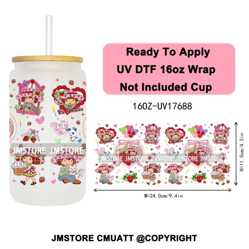 90s Cartoon Strawberry Characters Coquette Bow 16OZ UV DTF Cup Wraps Ready To Apply Transfer Stickers For Libbey Glass Can Mugs