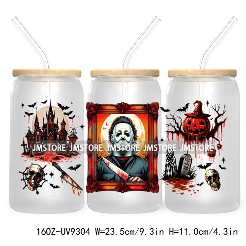 Scary Movies Halloween 16OZ UV DTF Cup Wrap Transfer Stickers Custom Labels Waterproof Logo For Libbey Glass Can Spooky Season