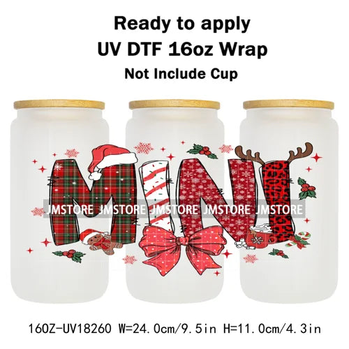 Christmas Mama Mini Coquette Family Xmas 16OZ UV DTF Cup Wraps Ready To Apply Waterproof Transfer Stickers For Libbey Glass Can